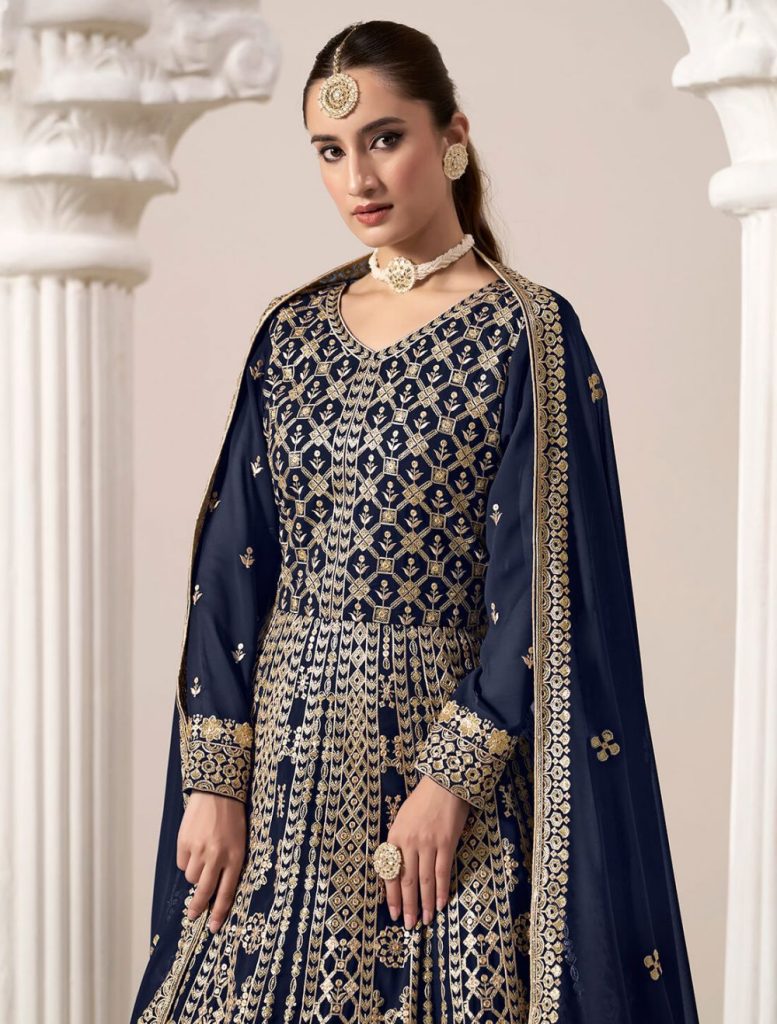 Dark Blue Georgette Embroidered Anarkali Suit