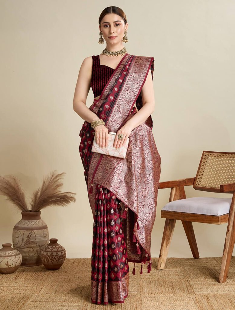 Maroon Satin Silk Saree With Woven Zari - Fabanza