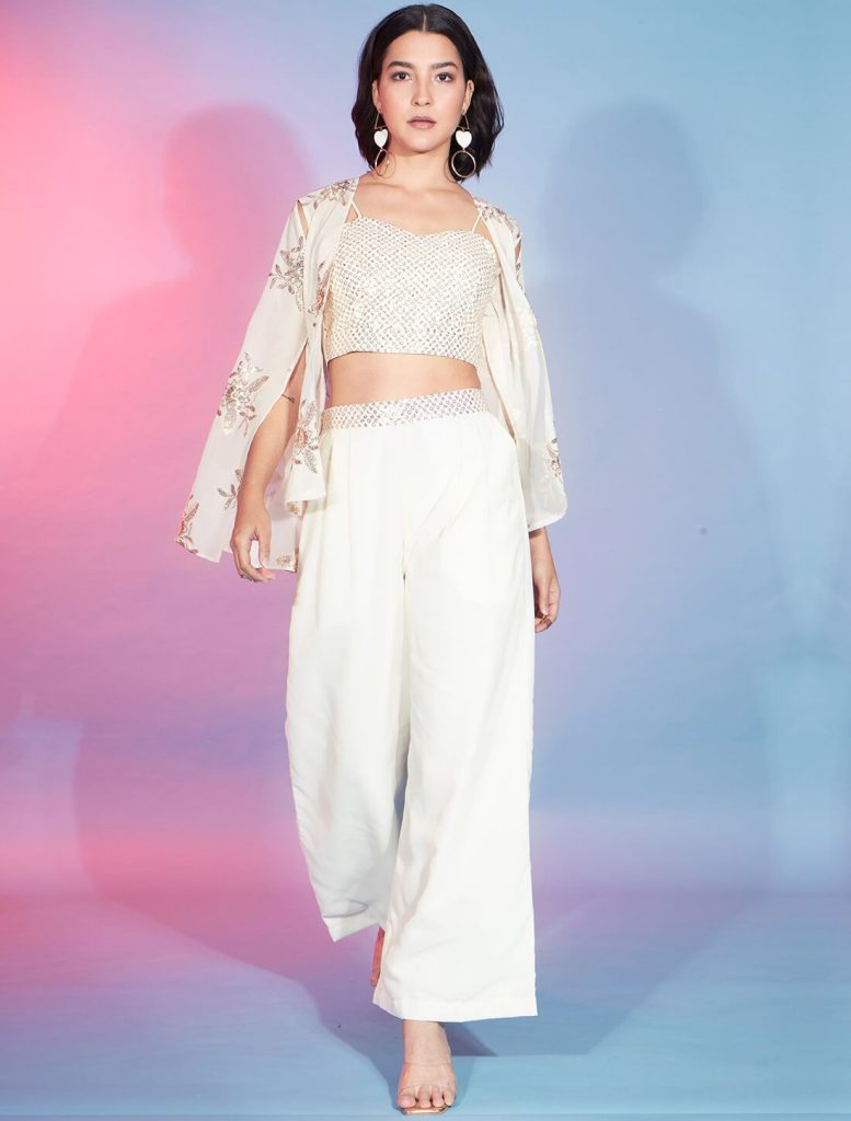 Off White Georgette Co Ord Set With Thread And Sequins