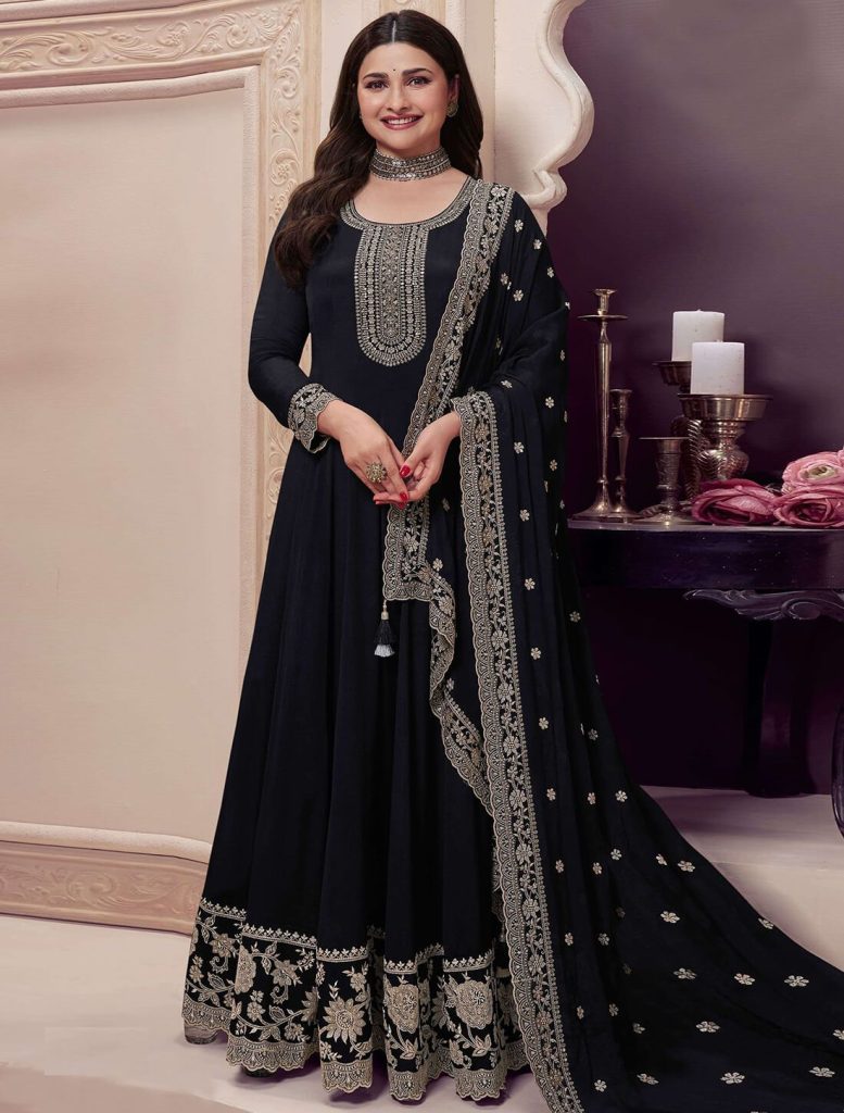 Black Chinon Semi Stitched Anarkali Suit - Fabanza