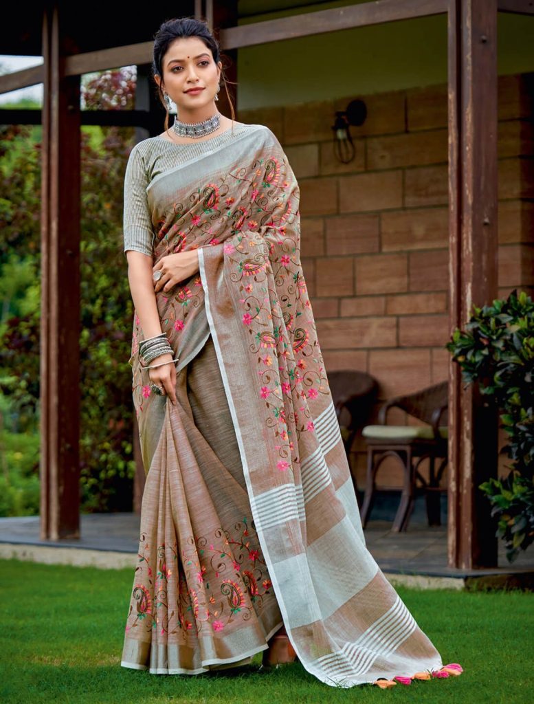 Brown Linen Elegant Saree - Fabanza
