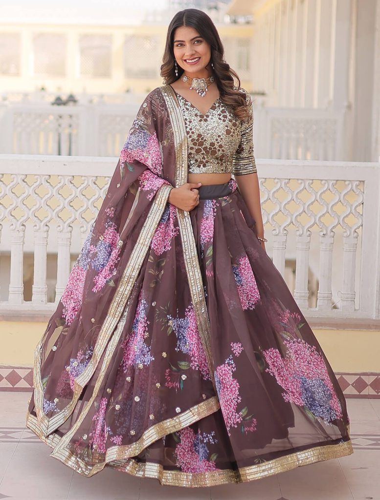 Dusty Pink Organza Embroidered Wedding Lehenga Choli - Fabanza