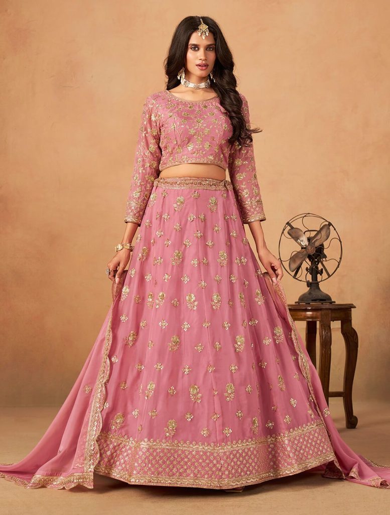 Dusty Pink Organza Embroidered Wedding Lehenga Choli - Fabanza