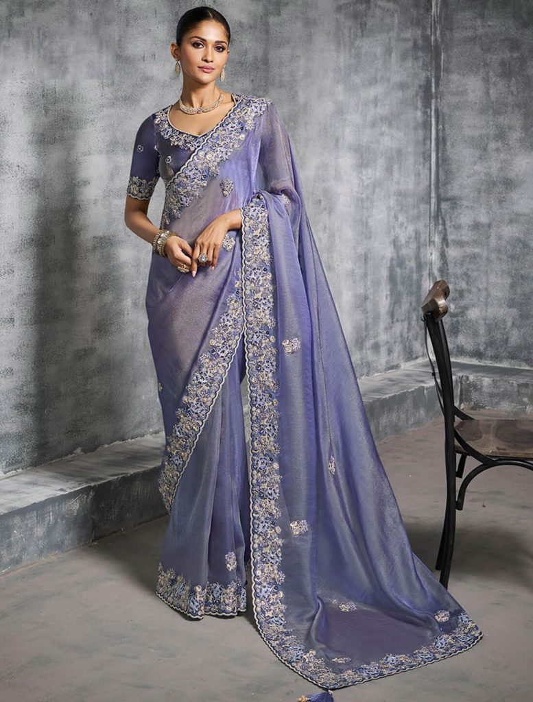 Lavender Blue Tissue Silk Embroidered Designer Saree - Fabanza