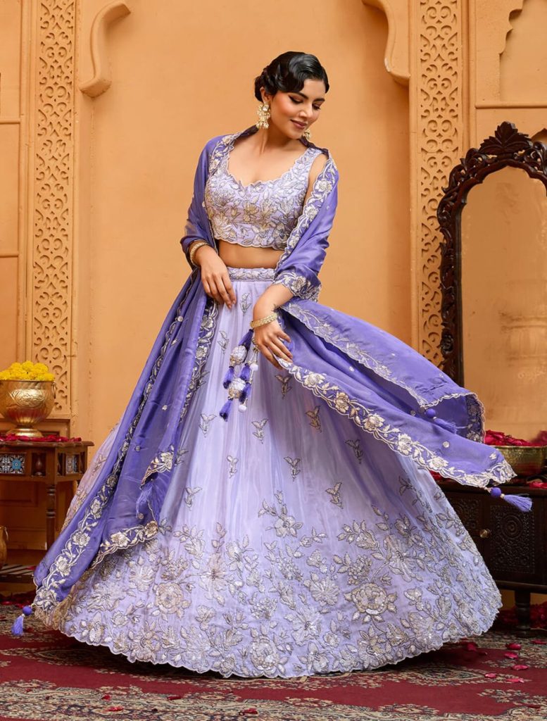 Lavender Tissue Embroidered Designer Lehenga Choli - Fabanza