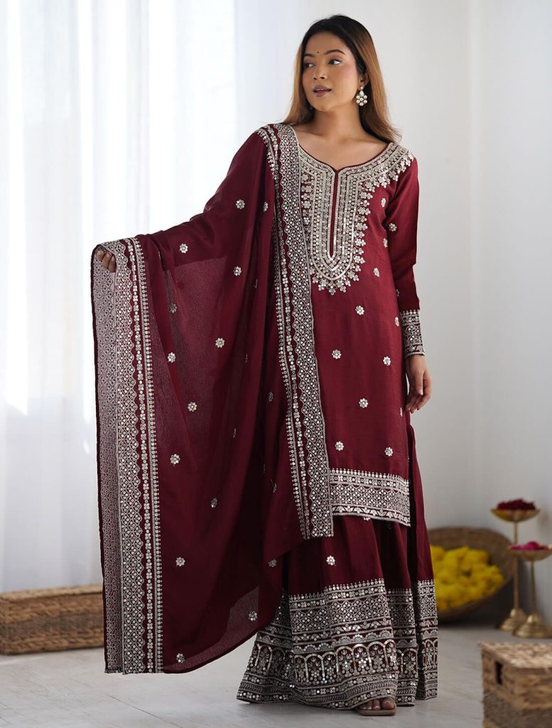 Maroon Chinon Silk Ready To Wear Eid Sharara Suit - Fabanza