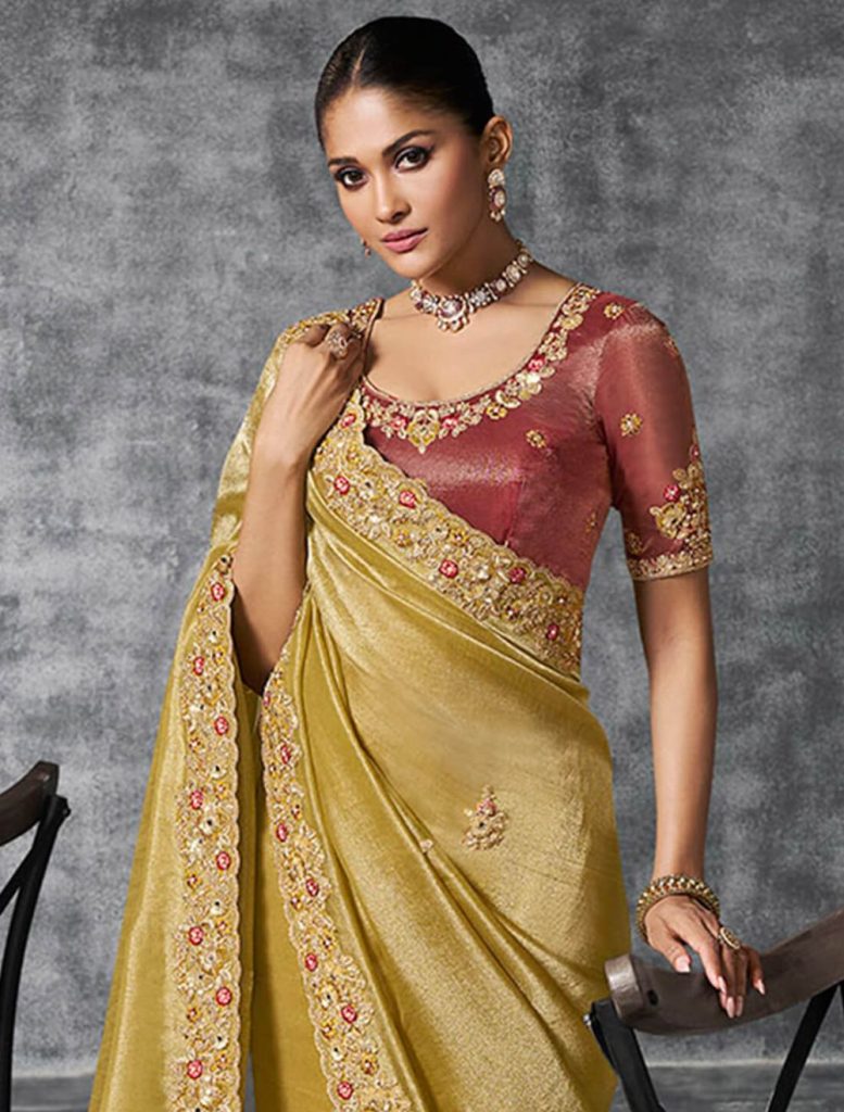 Mustard Tissue Silk Embroidered Designer Saree - Fabanza