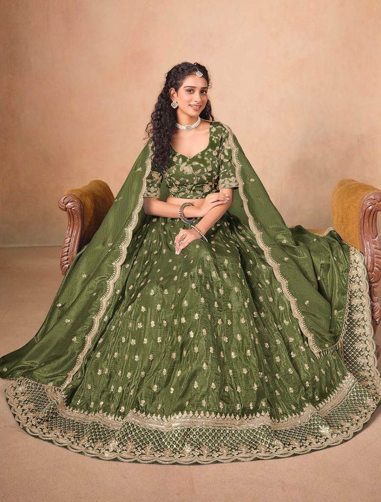 Olive Green Organza Embroidered Wedding Lehenga Choli - Fabanza