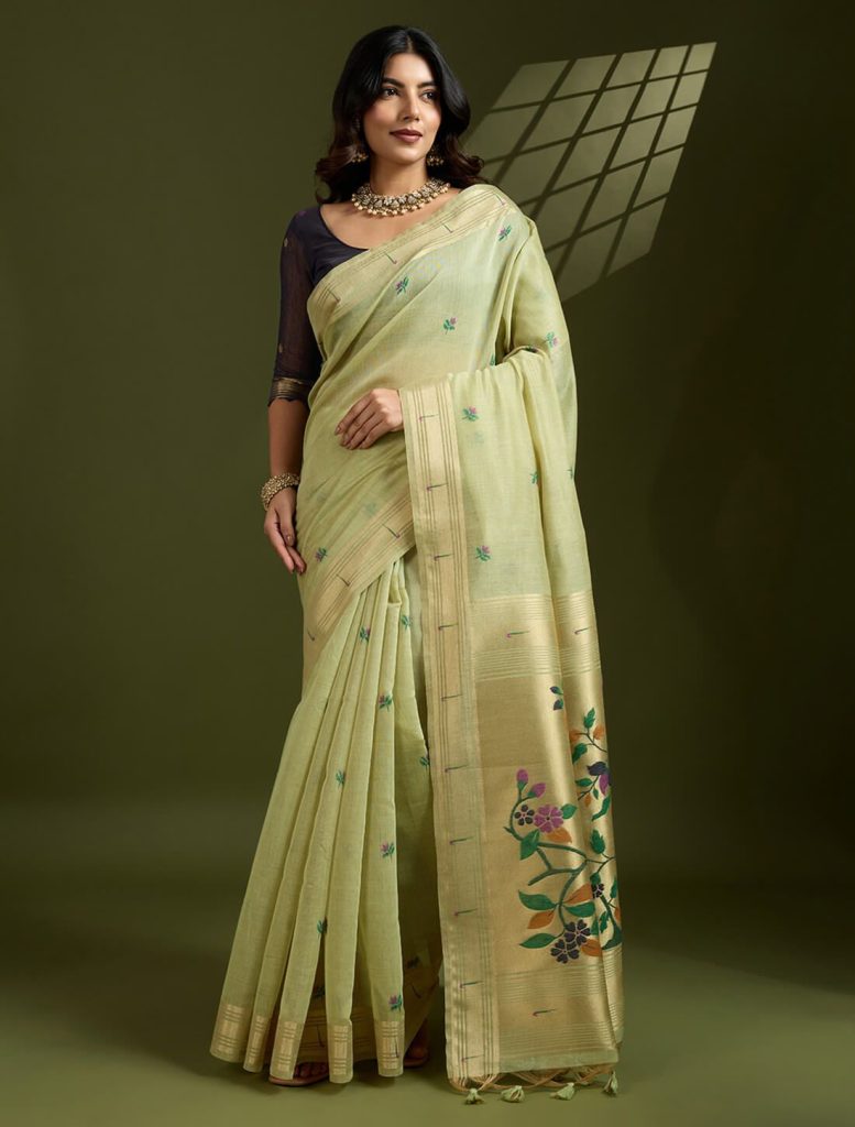 Pastel Green Muga Cotton Saree With Paithani Weaving - Fabanza