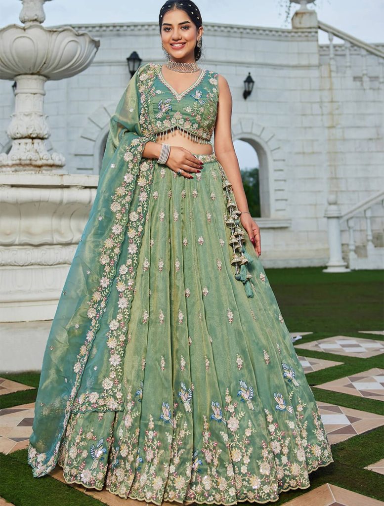 Pastel Green Tissue Embroidered Ready To Wear Lehenga - Fabanza