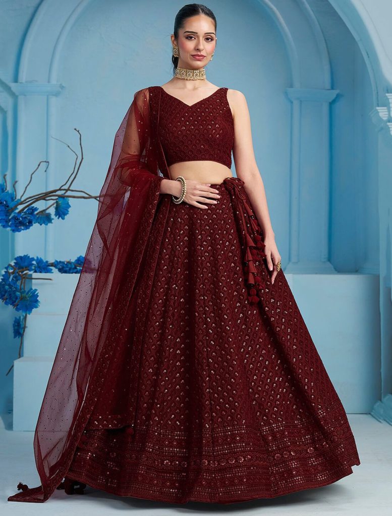 Rich Maroon Georgette Semi Stitched Embroidered Lehenga - Fabanza