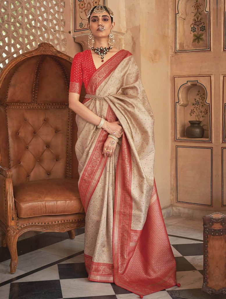 Beige Premium Banarasi Silk Saree With Traditional Zari Weaves - Fabanza