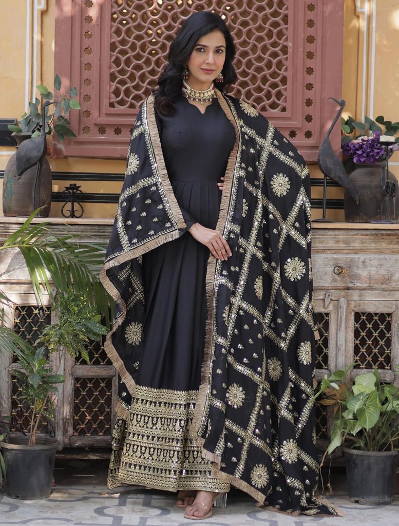 Black Star Georgette Flared Anarkali Gown with Dupatta - Fabanza
