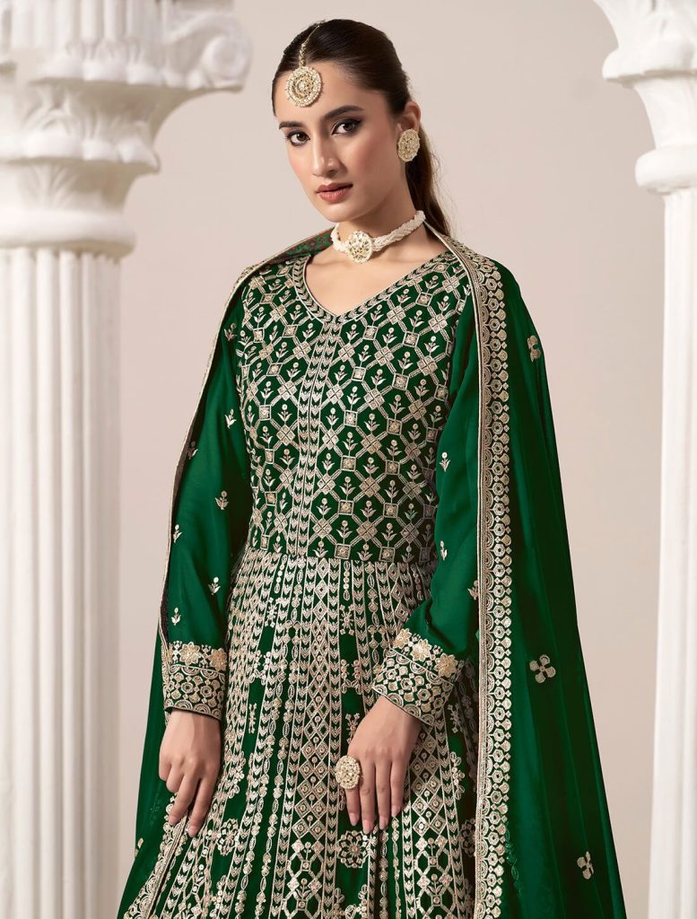 Bottle Green Georgette Embroidered Anarkali Suit - Fabanza