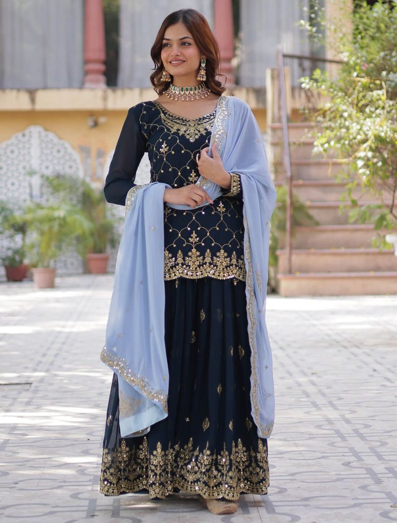 Dark Blue Georgette Ready To Wear Sharara Suit - Fabanza
