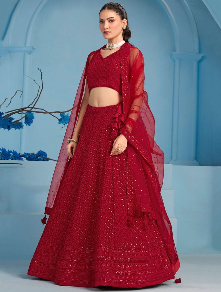 Deep Red Georgette Semi Stitched Embroidered Lehenga - Fabanza