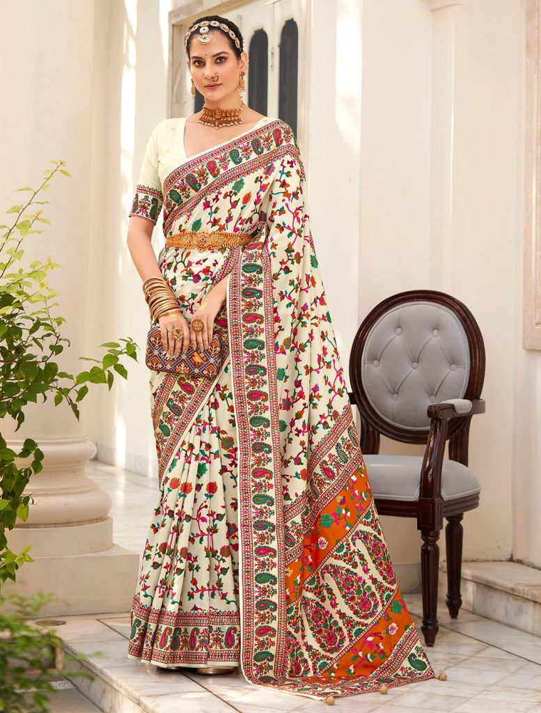 Off White Velvet Tussar Silk Ethnic Saree - Fabanza