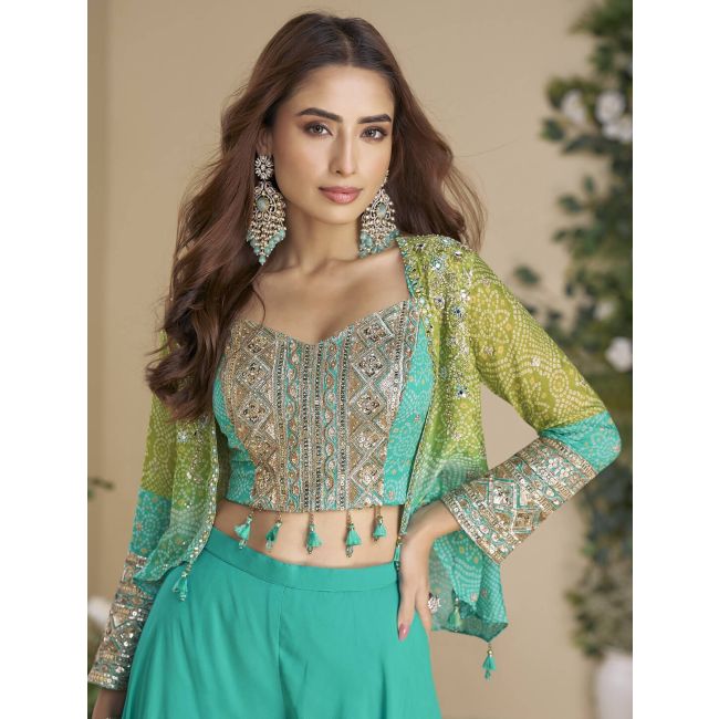 Sea Green Chinon Ready To Wear Top With Bottom And Jacket - Fabanza