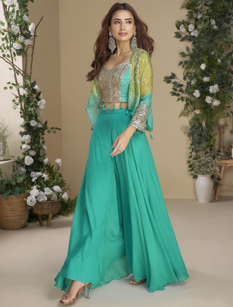 Sea Green Chinon Ready To Wear Top With Bottom And Jacket - Fabanza