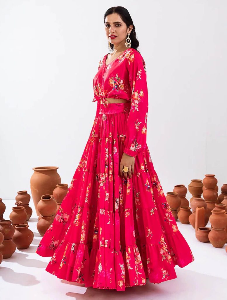 Vivid Pink Airtex Chinon Stylish Crop Top With Maxi Skirt - Fabanza