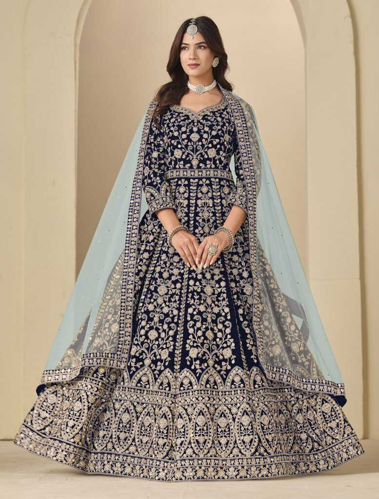 Dark Blue Velvet Semi Stitched Anarkali Suit