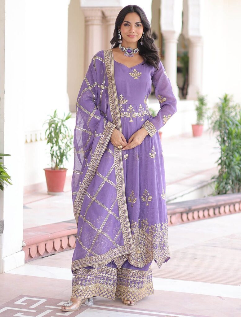 Lavender Silver Crunchy Ready To Wear Palazzo Suit